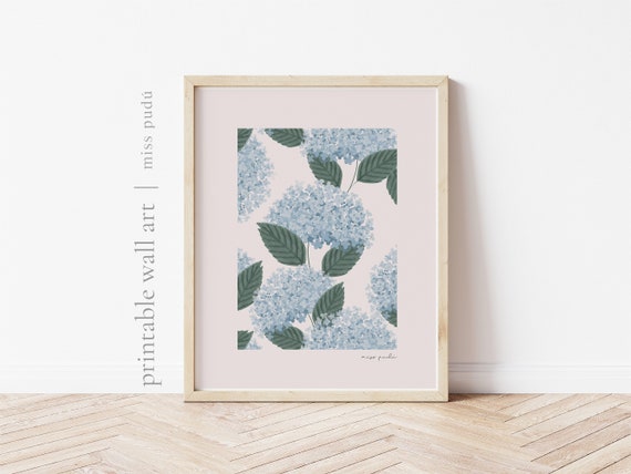 Hortensia Hydrangea Floral Pattern Poster, Cottagecore