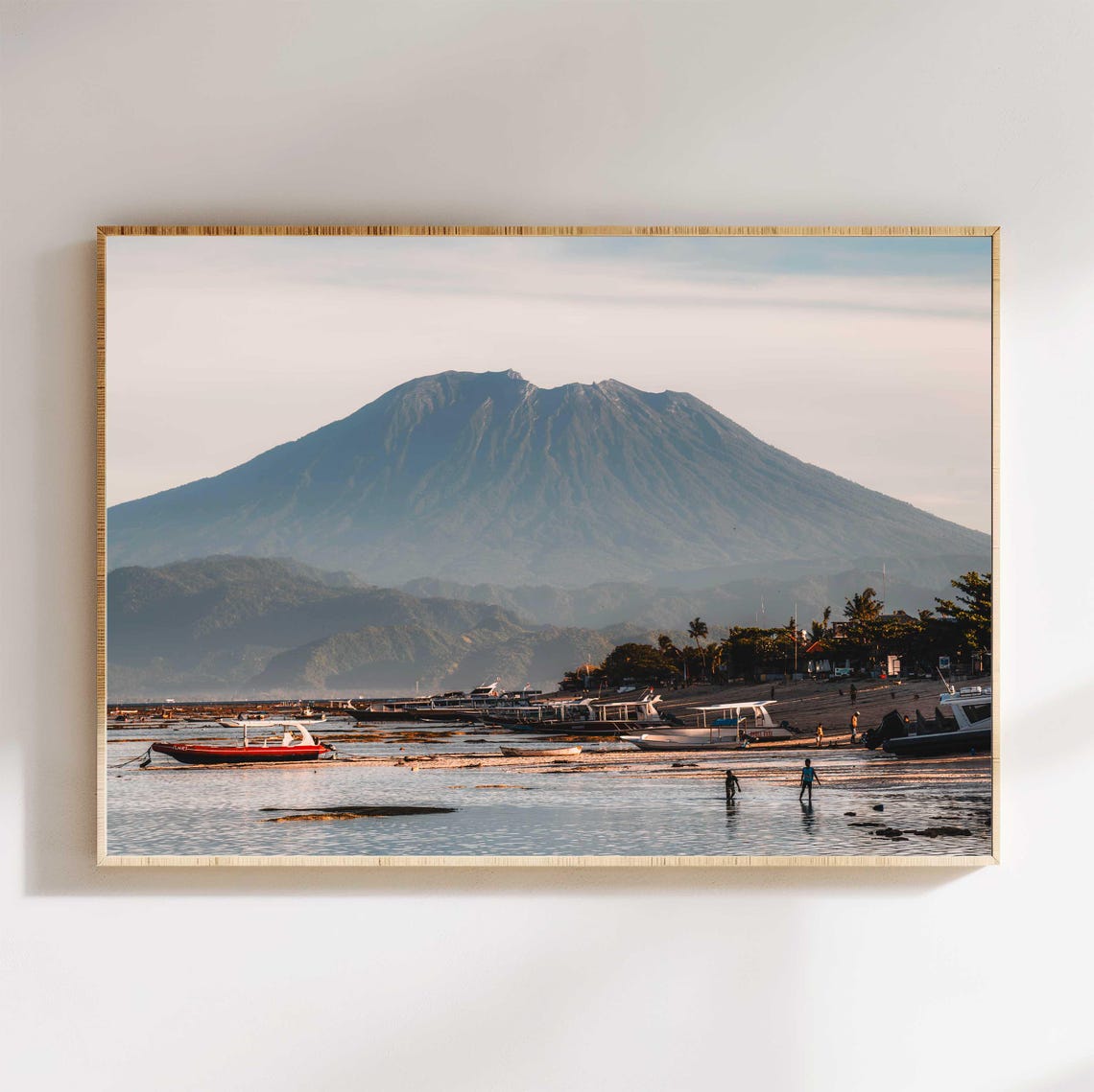 Mount Agung Volcano Behind a Bali Beach with Boats Photo Poster