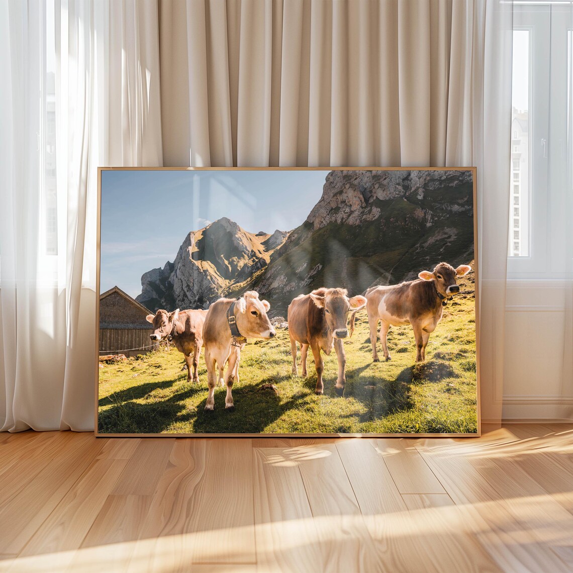 Brown Cows in a Sunny Alpine Meadow with Mountain Views Poster - Image 4