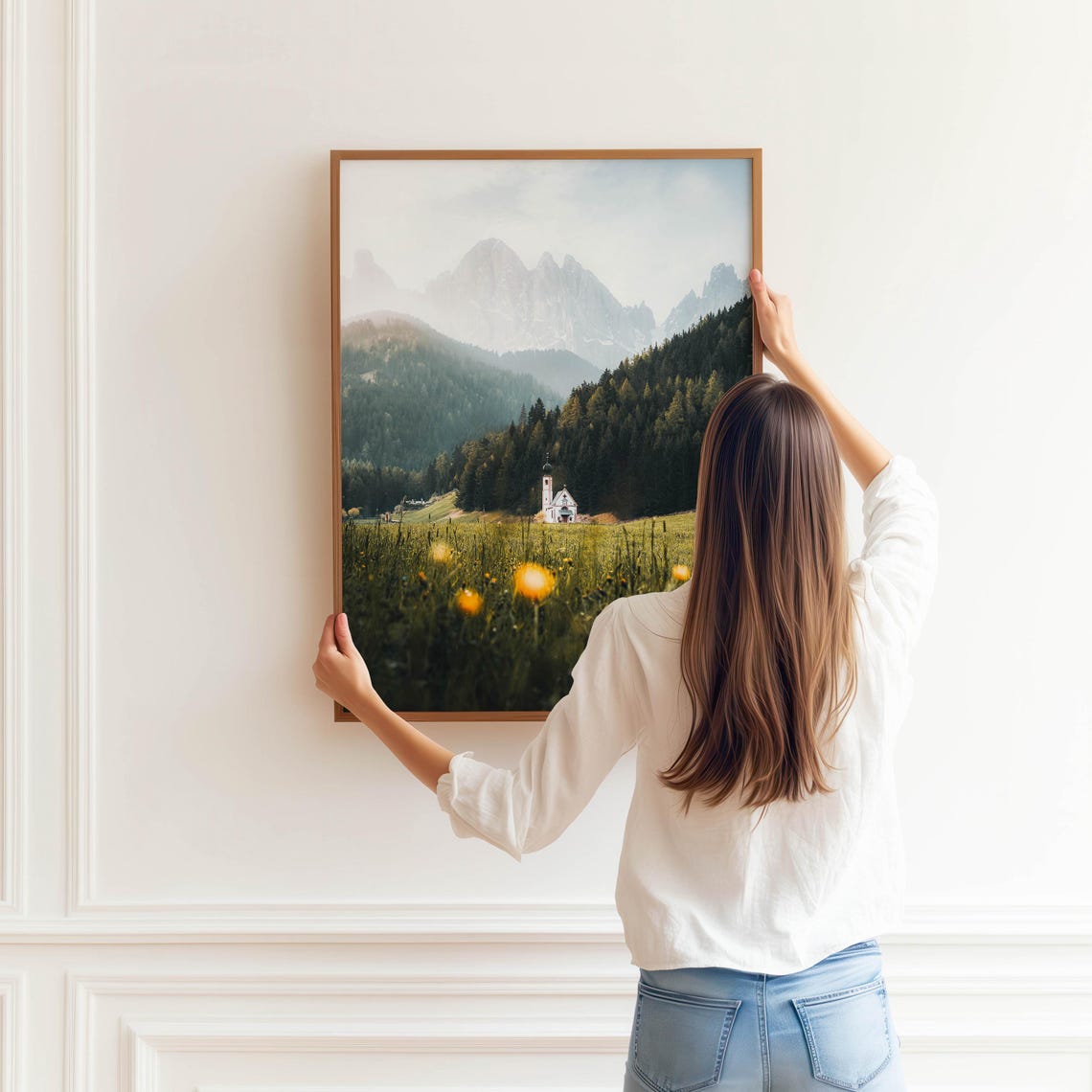 Dolomites Alpine Meadow Church Summer Wildflower Scene Poster - Image 3