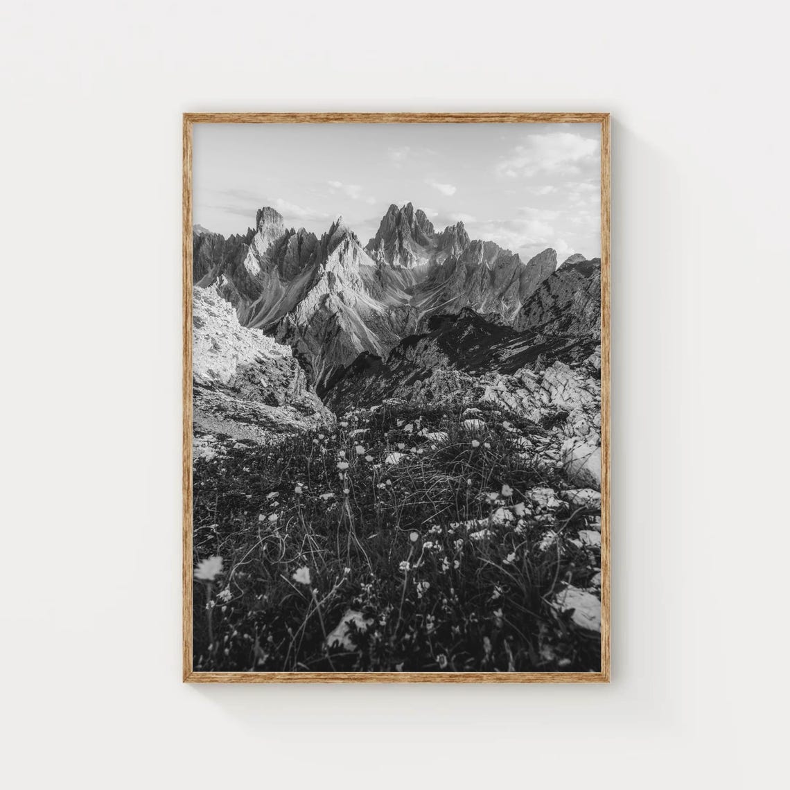 Black and White Jagged Mountain Peaks Meadow Wildflowers Poster