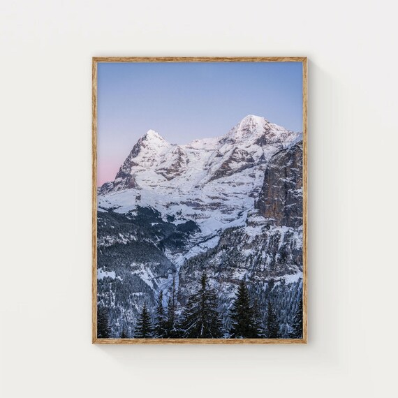Snowy Swiss Alps Mountain Peaks Pink Dawn Winter Photography Poster