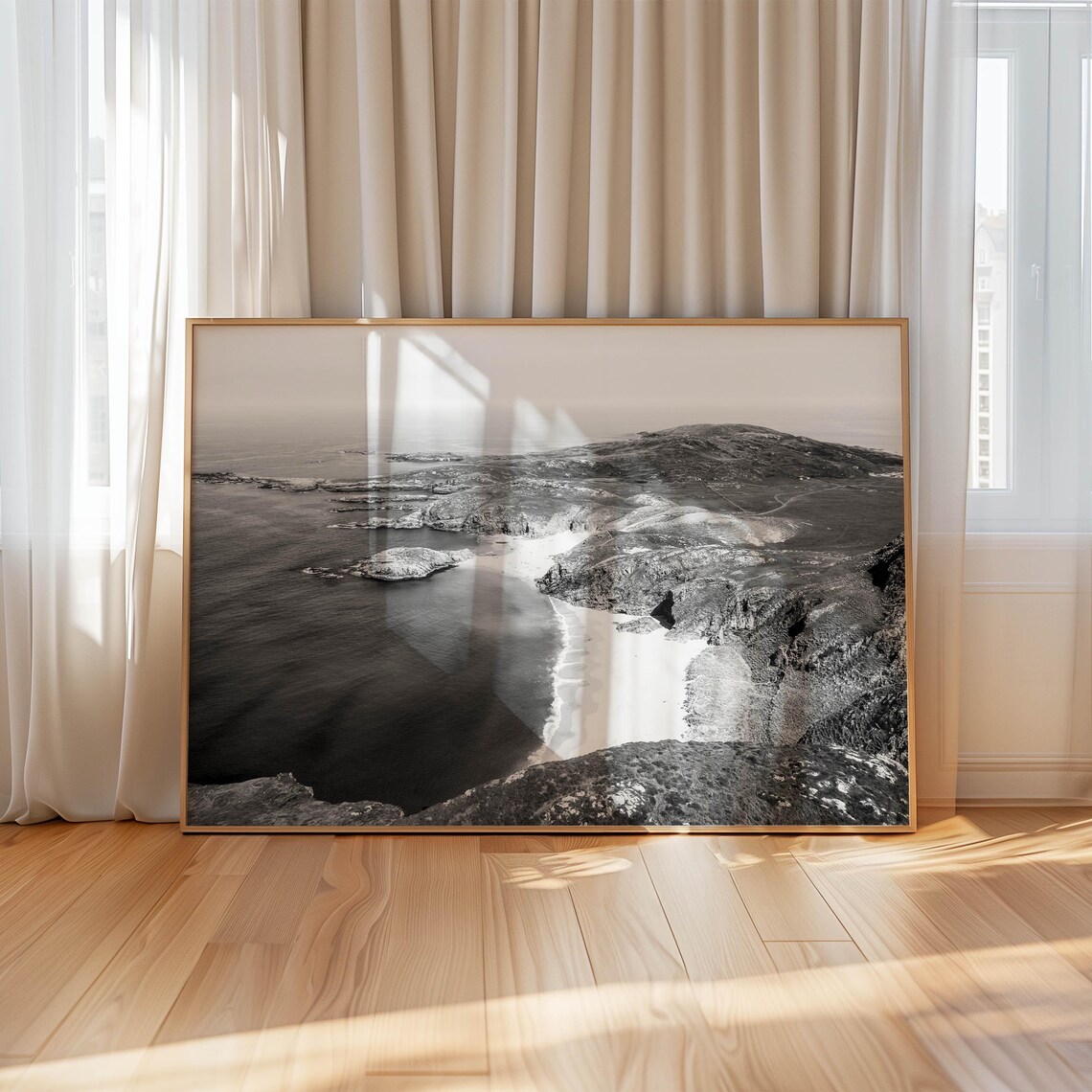 Aerial Black and White Coastal Bay with White Sand Beach Poster - Image 4
