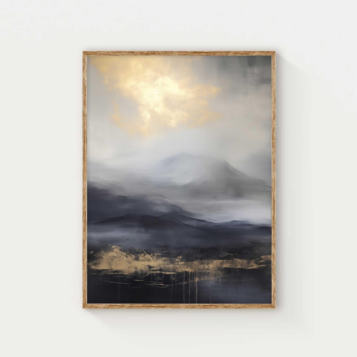 Misty Dark Blue Mountain Abstract Landscape with Gold Light Poster
