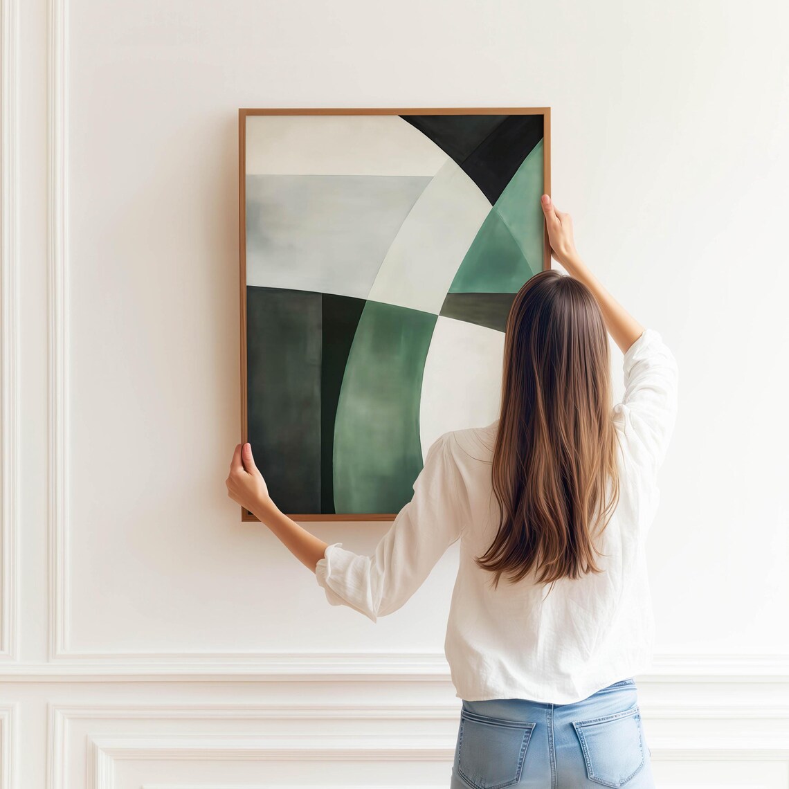 Green Black and White Abstract Geometric Curved Shapes Art Poster - Image 3