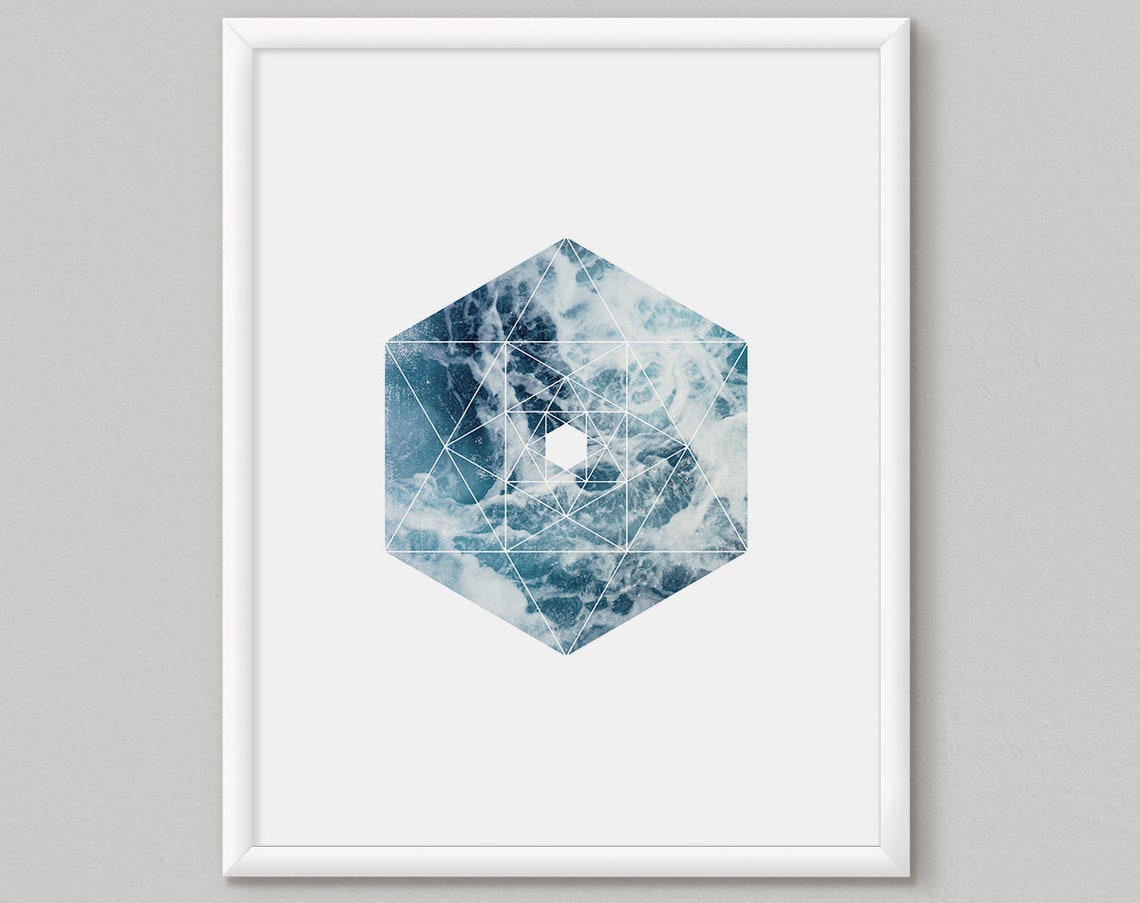 Ocean Wave Hexagon Geometric Blue Modern Abstract Art Poster