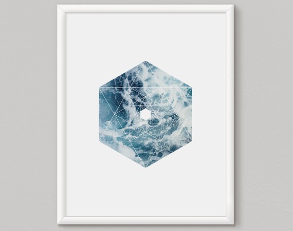 Hexagon Print Geometric Wall Art Large Poster Sea Poster Blue Hexagon Print Blue Wall Art Minimalist Modern Decor Blue Art