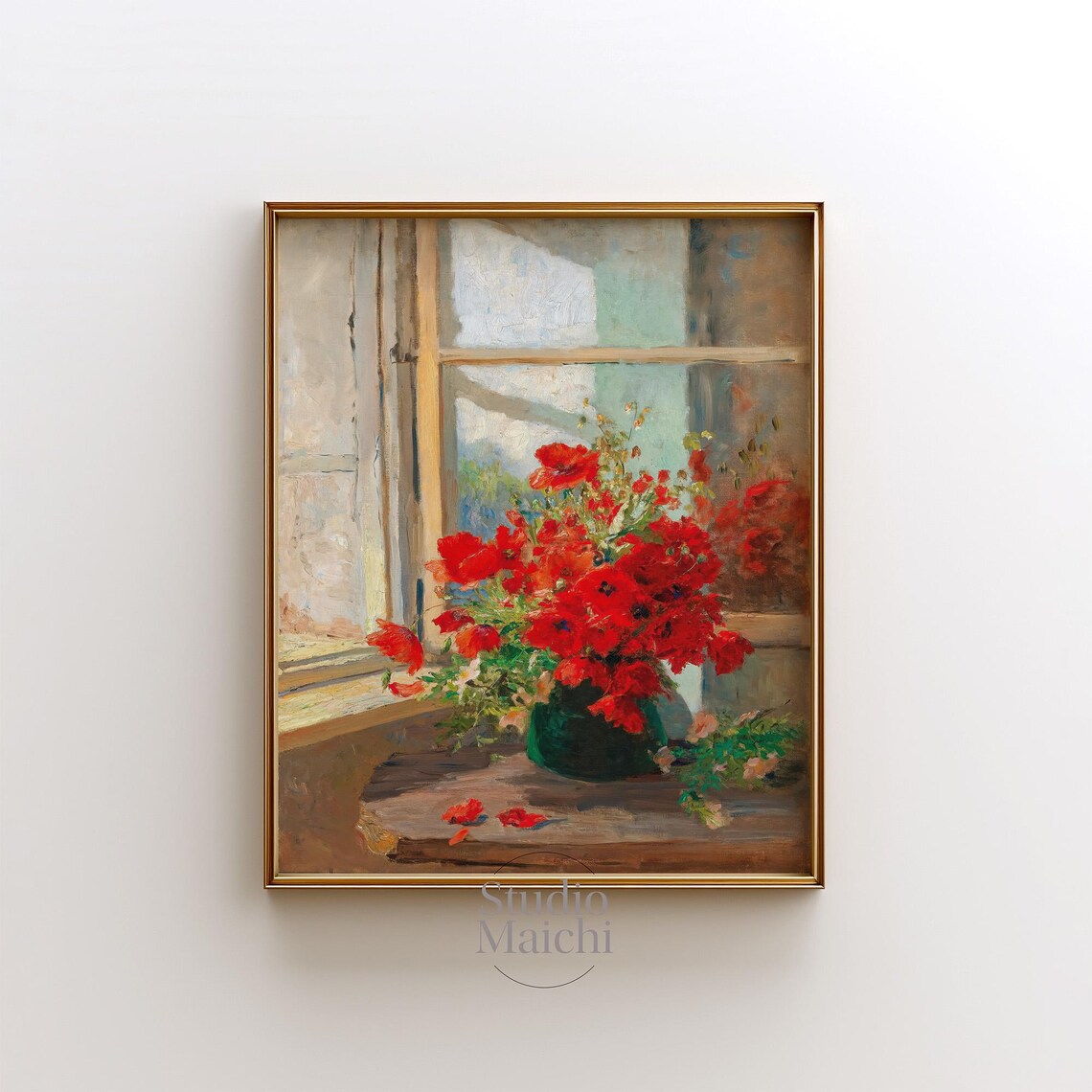 Red Poppies Green Vase Sunlit Window Impressionist Floral Poster