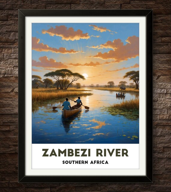 Zambezi River Southern Africa Canoe Sunset Adventure Travel Poster