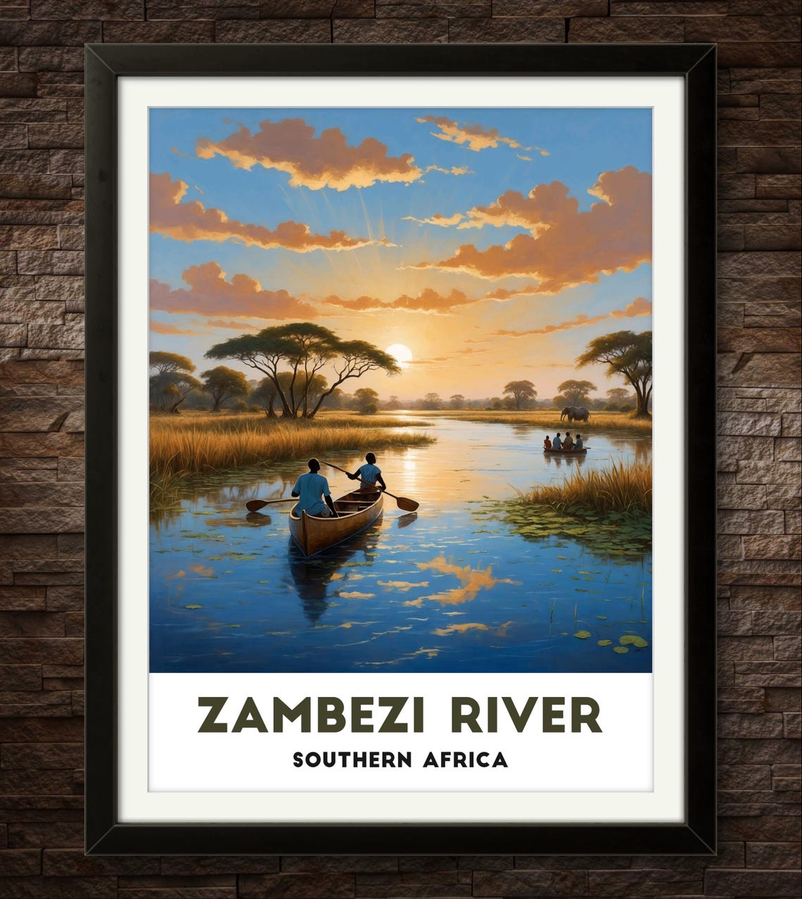 Zambezi River Southern Africa Canoe Sunset Adventure Travel Poster