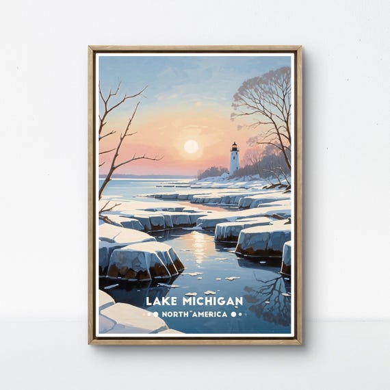 Vintage Lake Michigan Poster Featuring Winter Lighthouse Art And Snowy Landscape Perfect For Michigan Wall Decor And Lakehouse Style