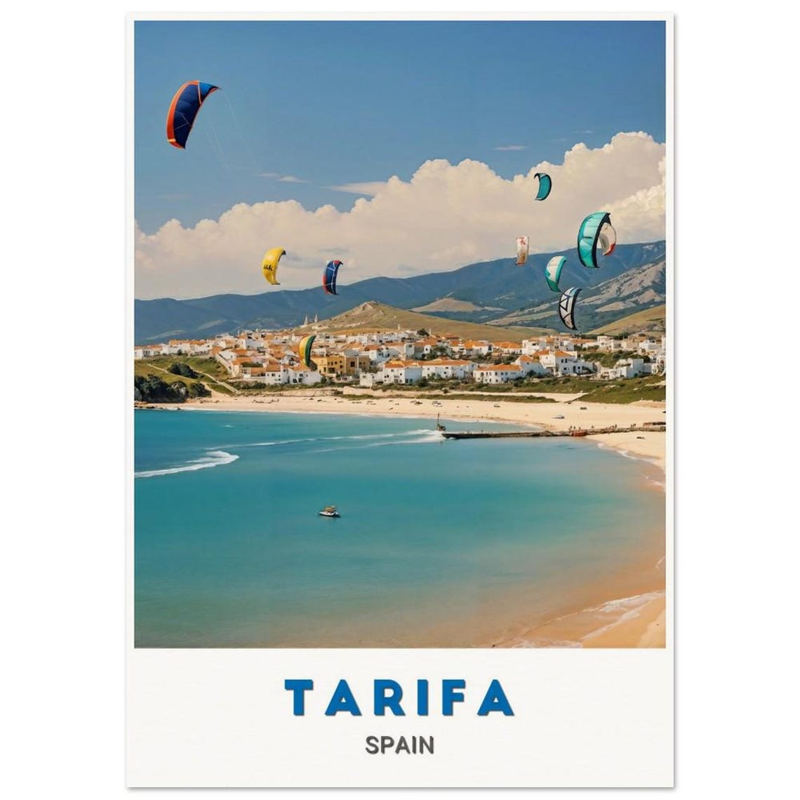 Tarifa Spain Kite Surfers Over Turquoise Bay Summer Beach Poster