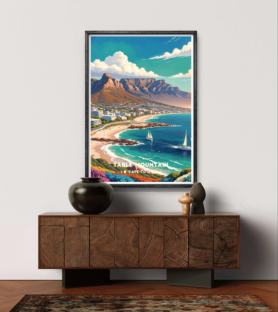 Table Mountain Cape Town Beach Sailboats Coast Travel Poster - Image 2