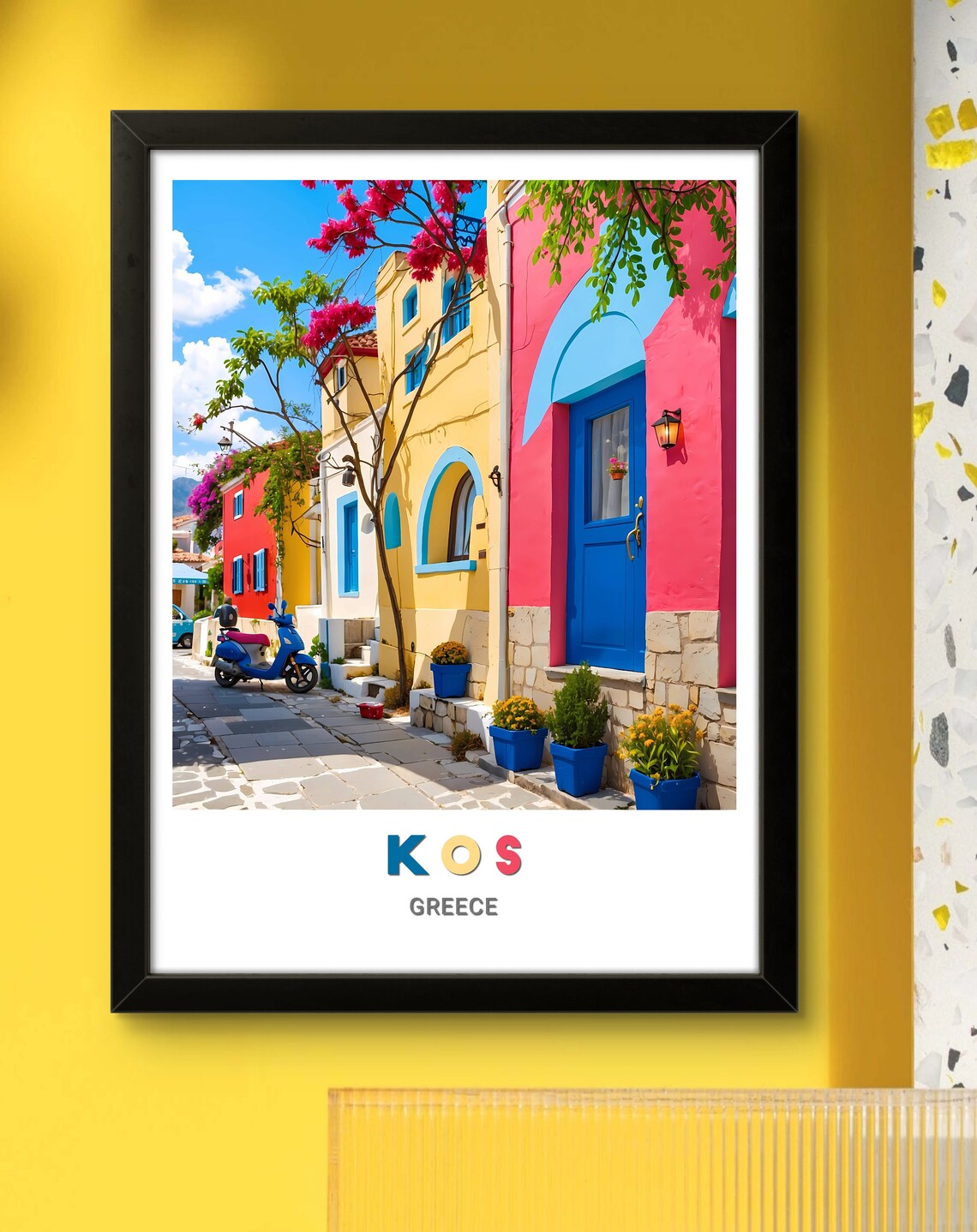 Kos Colorful Old Town Street Scooter Flowers Greece Travel Poster