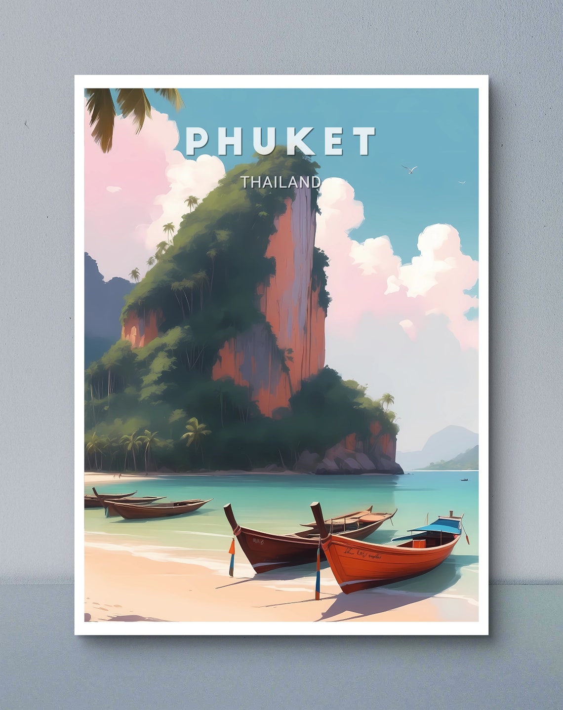 Phuket Thailand Longtail Boats Limestone Cliff Tropical Beach Poster