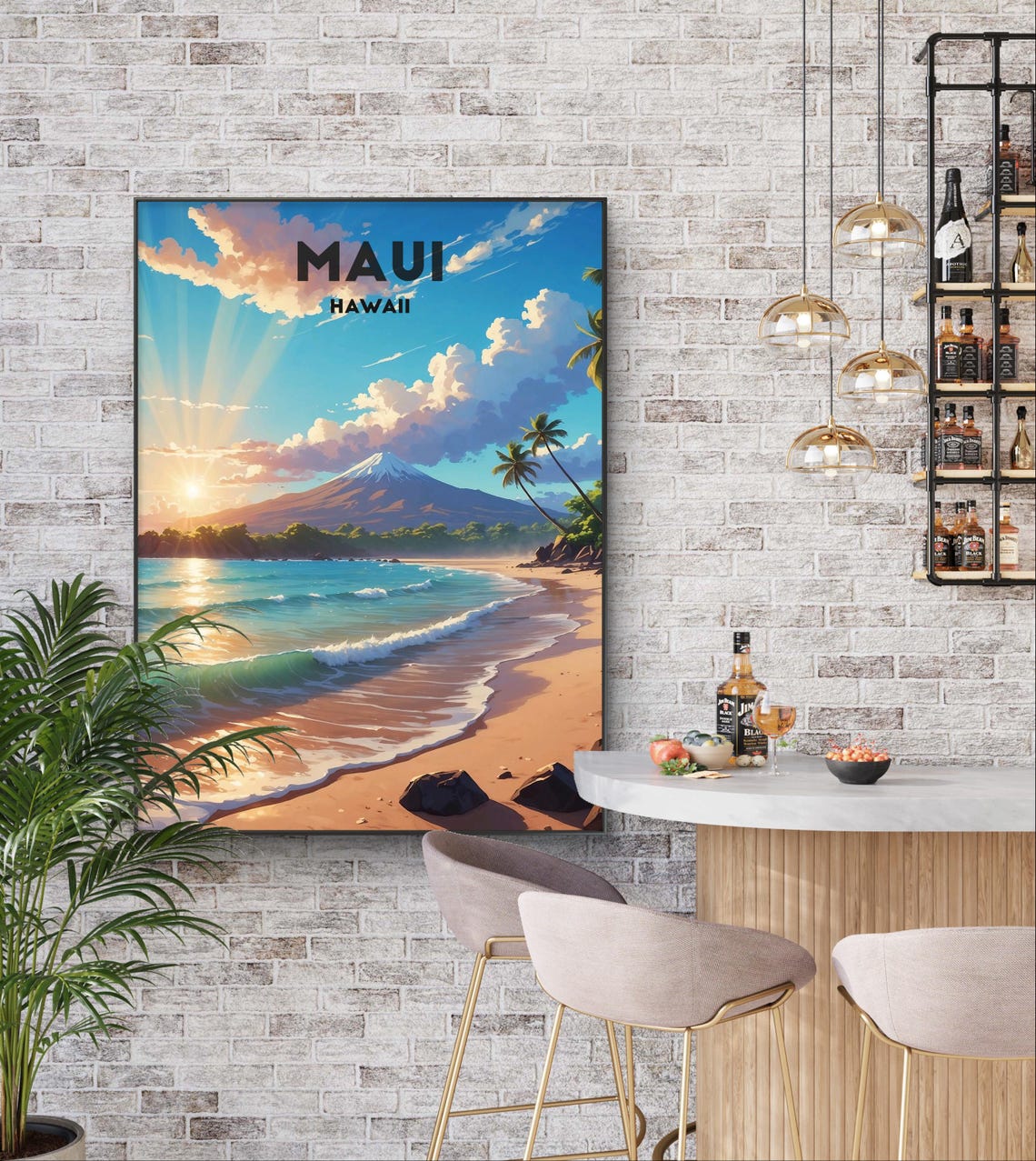 Maui Hawaii Sunset Palm Beach Golden Hour Waves Travel Poster