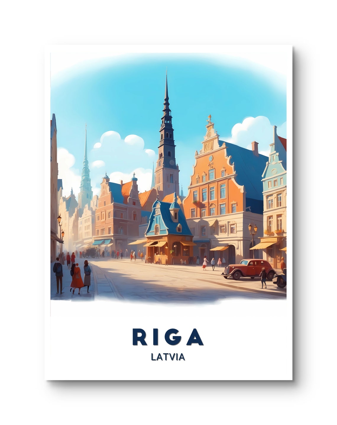 Riga Latvia Charming Old Town Street Vintage Car Sunny Art Poster
