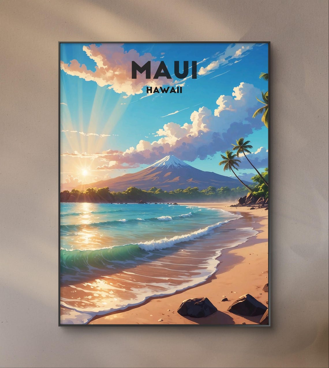 Maui Hawaii Sunset Palm Beach Golden Hour Waves Travel Poster - Image 3