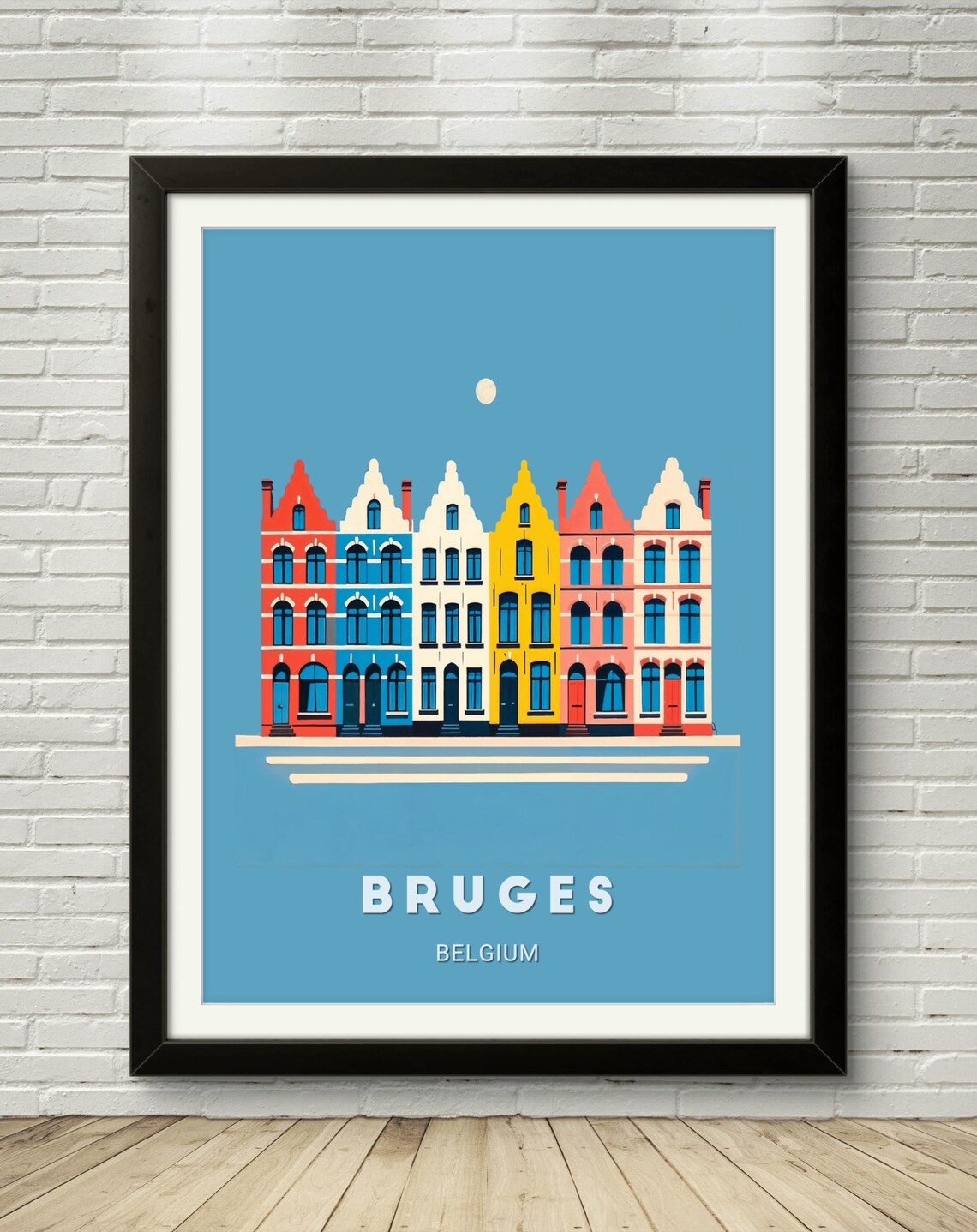 Bruges Belgium Colorful Canal Houses Flat Illustration Poster - Image 2