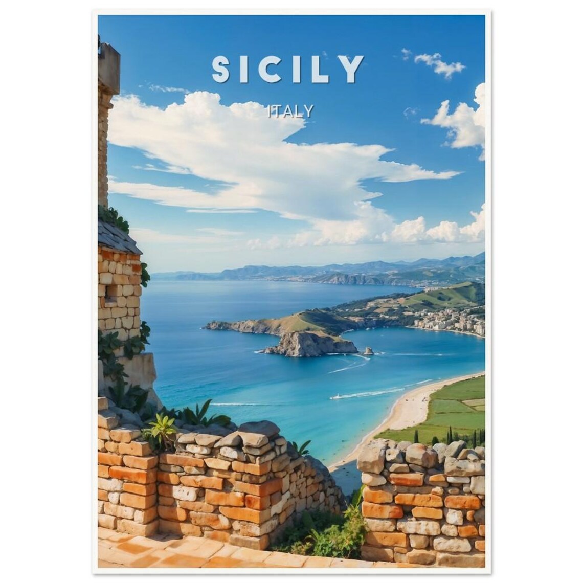 Sicily Italy Coastal View Stone Terrace Azure Sea Travel Poster