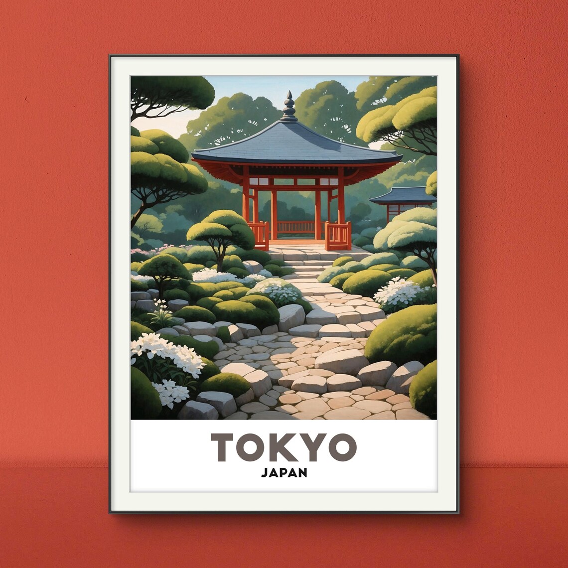 Tokyo Japan Red Pavilion Zen Garden Sculpted Pines Serene Travel Poster - Image 3