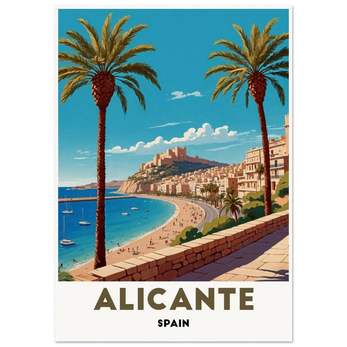 Alicante Spain Beachfront Castle Palm Trees Vintage Style Poster - Image 3