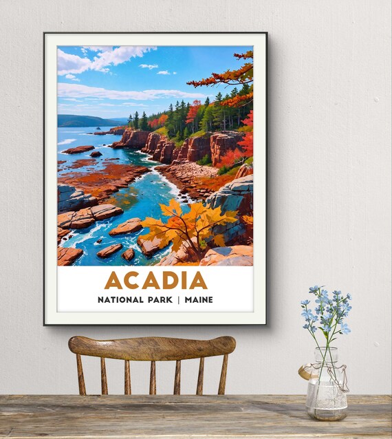 Acadia Maine Autumn Rocky Coastline Photo Travel Foliage Poster