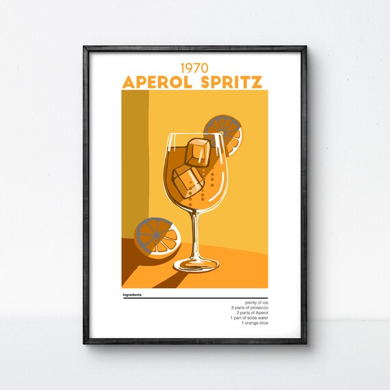 Vintage 1970 Aperol Spritz Cocktail Recipe Home Bar Art Poster