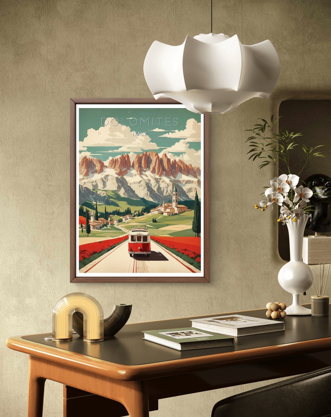 Dolomites Italy Vintage Red Van Alpine Road Peaks Scenic Travel Poster - Image 2