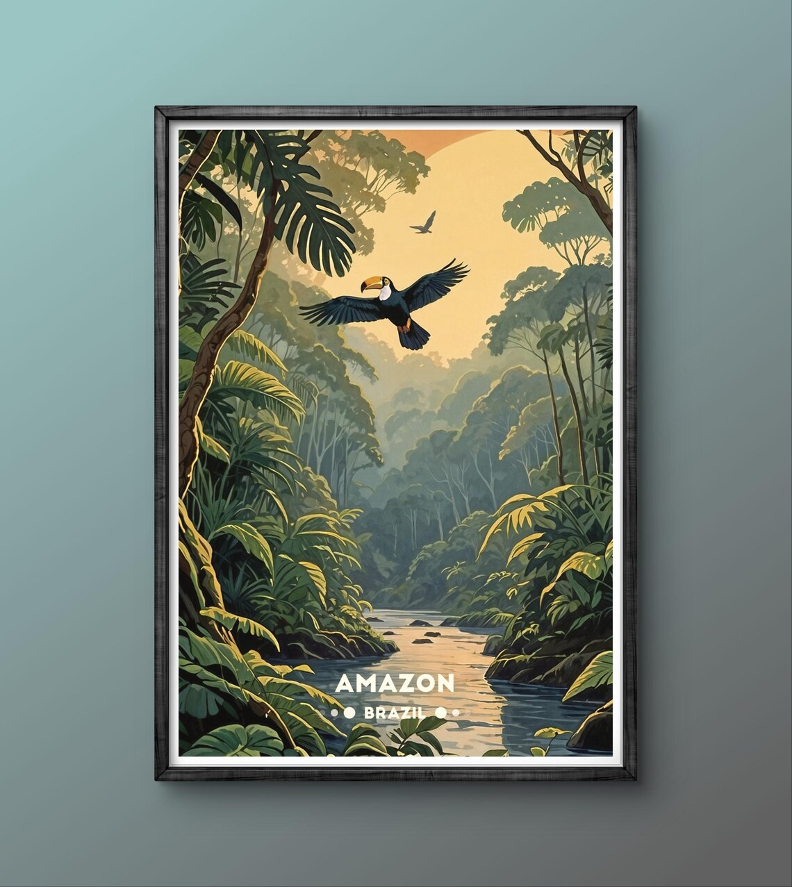 Amazon Brazil Toucan in Flight Over River Jungle Travel Poster - Image 4