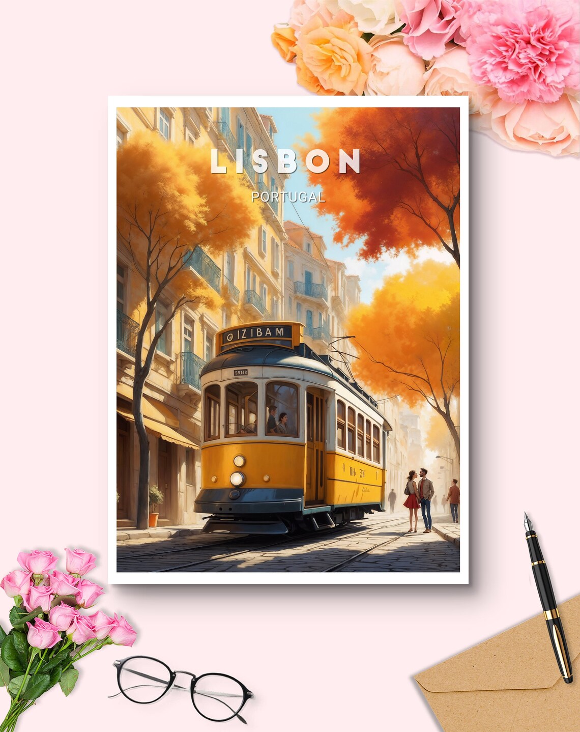 Lisbon Portugal Yellow Tram Autumn Streets Vintage Travel Poster - Image 2
