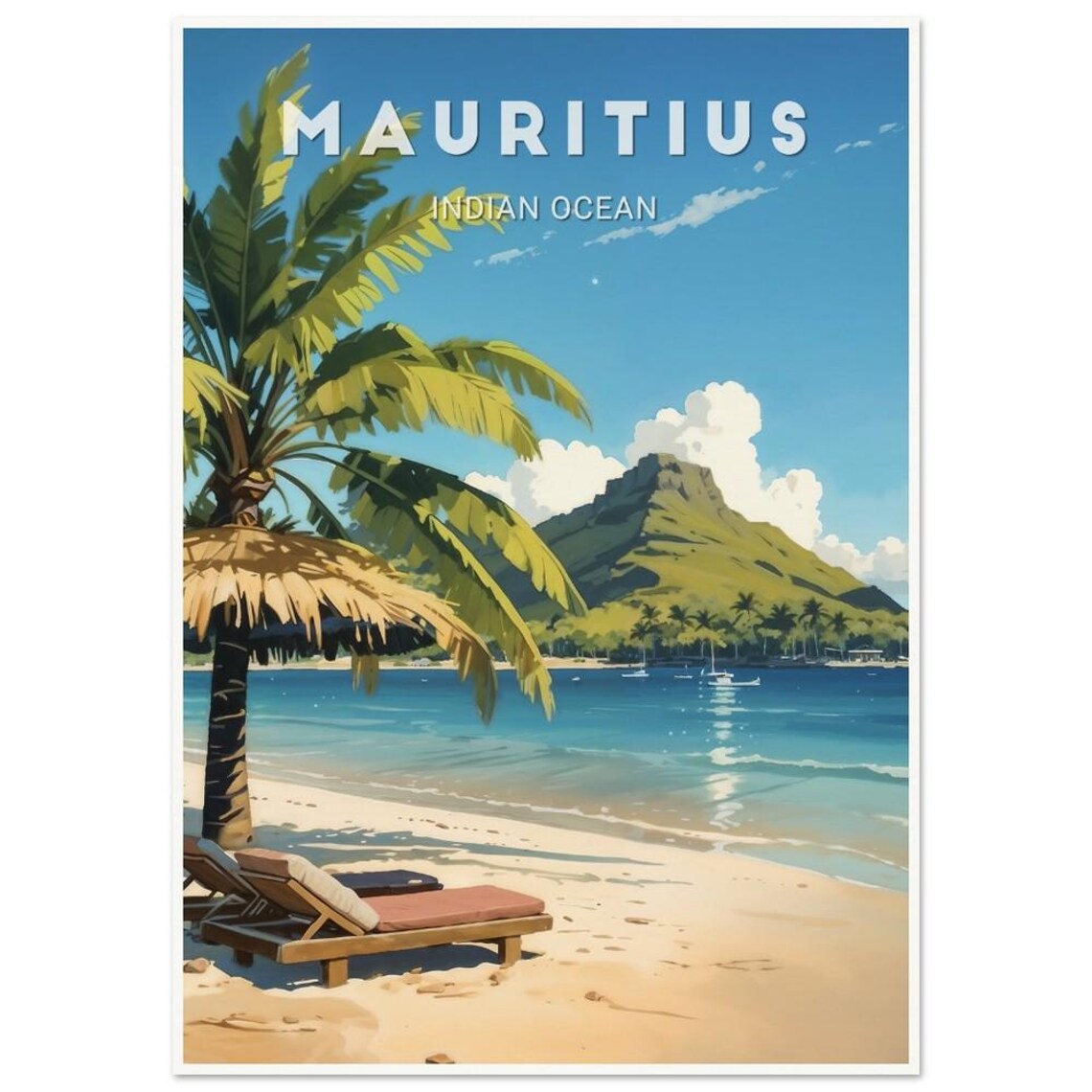 Mauritius Indian Ocean Tropical Beach Palm Umbrella Art Poster