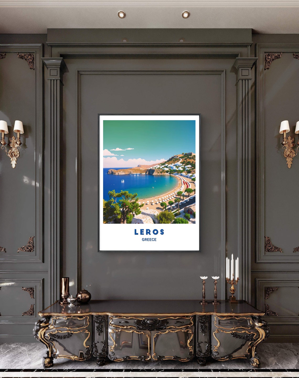 Leros Curved Sandy Bay Beach Aegean Island Greece Travel Poster - Image 2