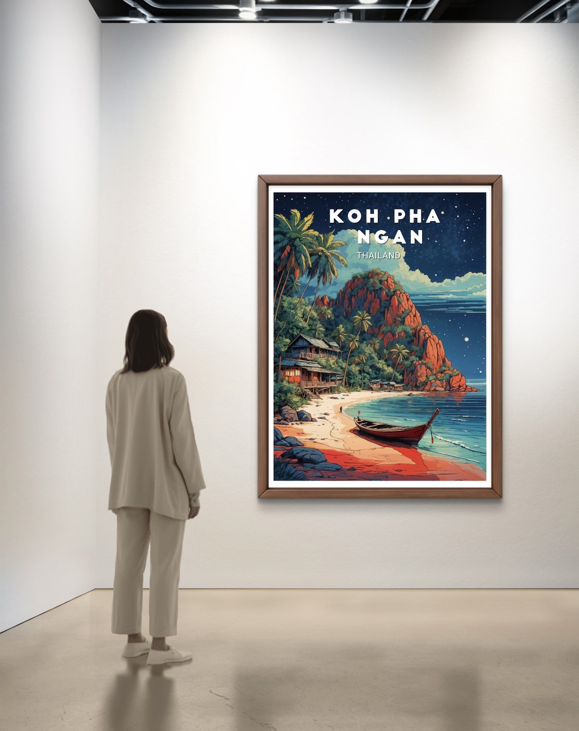 Koh Pha Ngan Night Beach Longtail Boat Palms Thailand Poster - Image 2