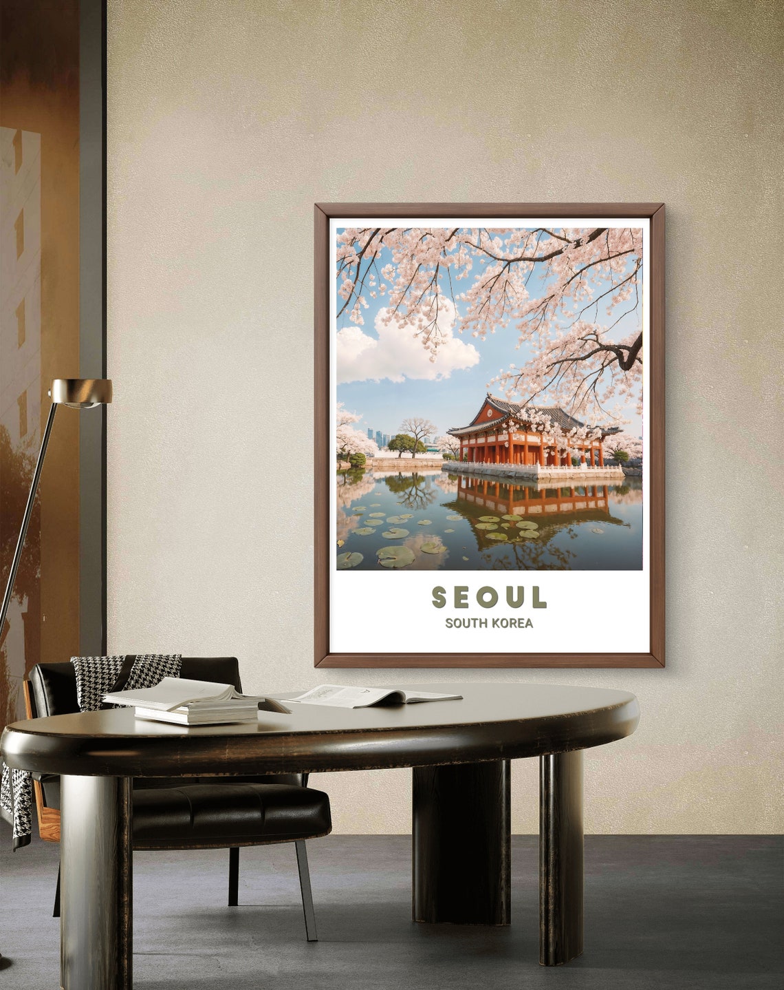 Seoul South Korea Cherry Blossom Pavilion Pond Travel Poster - Image 2