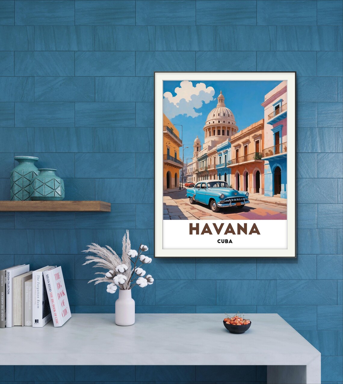Havana Cuba Classic Blue Car Capitol Dome Colonial Street Art Poster - Image 2