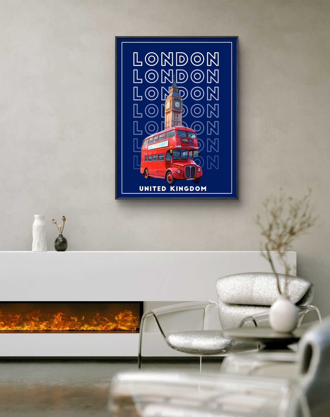 London England Poster Big Ben and Red Double Decker Bus on Navy Blue - Image 2