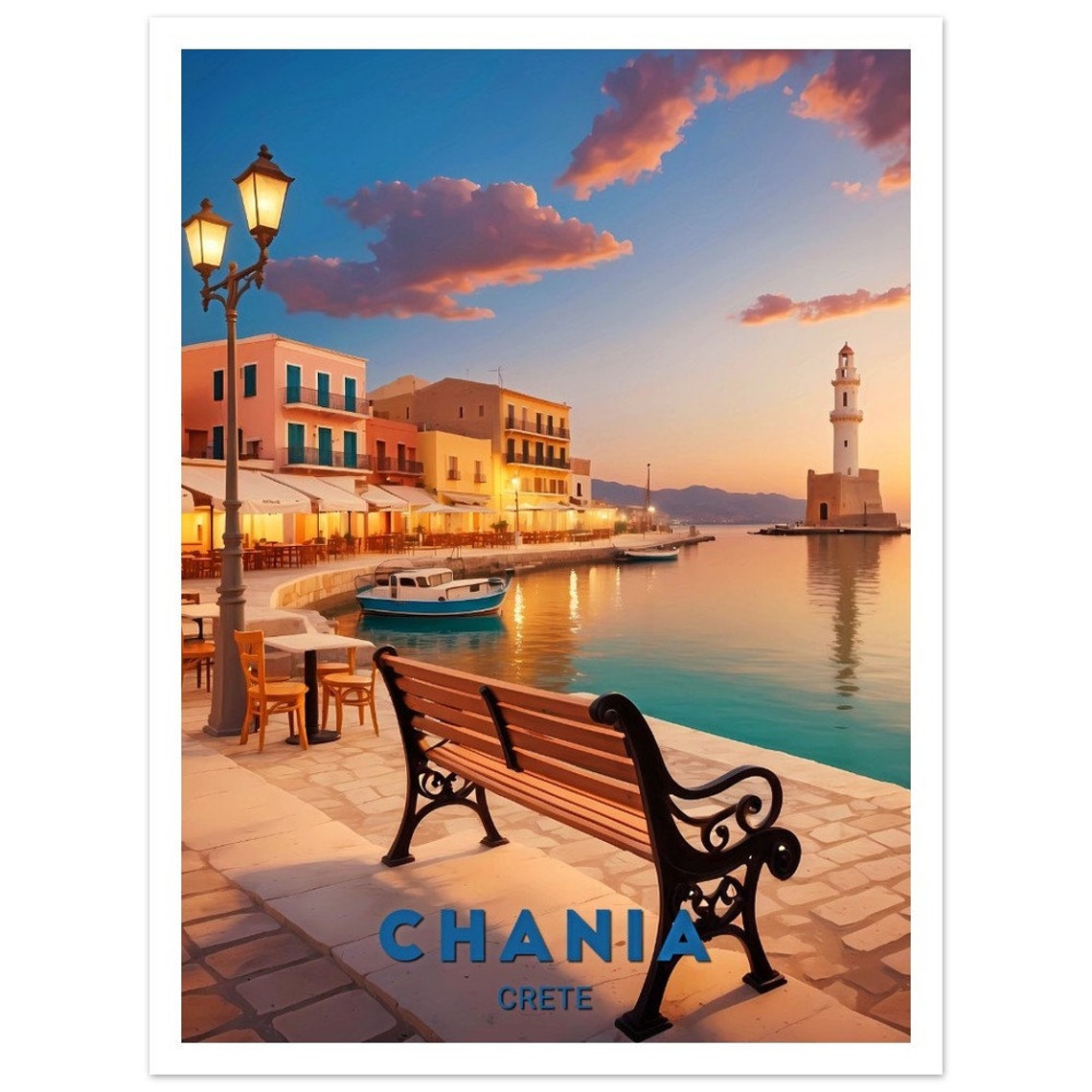 Chania Crete Harbor Sunset Lighthouse Promenade Travel Poster - Image 3