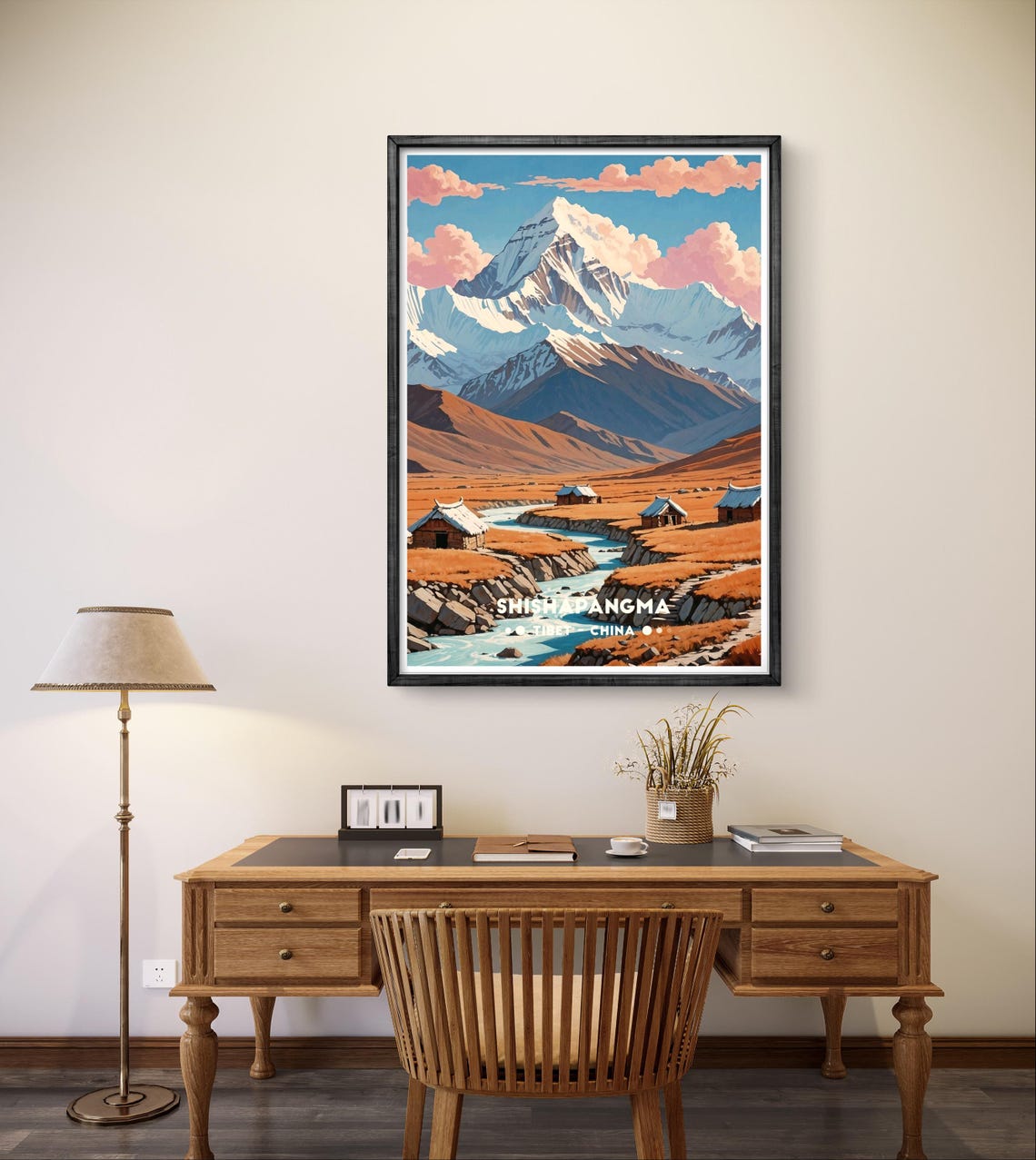 Shishapangma Tibet Golden Valley Village River Mountain View Poster - Image 4