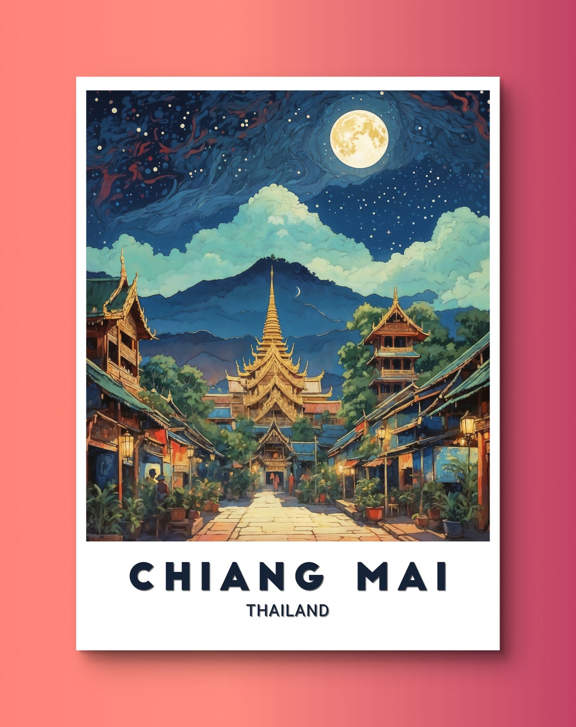 Chiang Mai Thailand Moonlit Temple And Old Street Travel Poster
