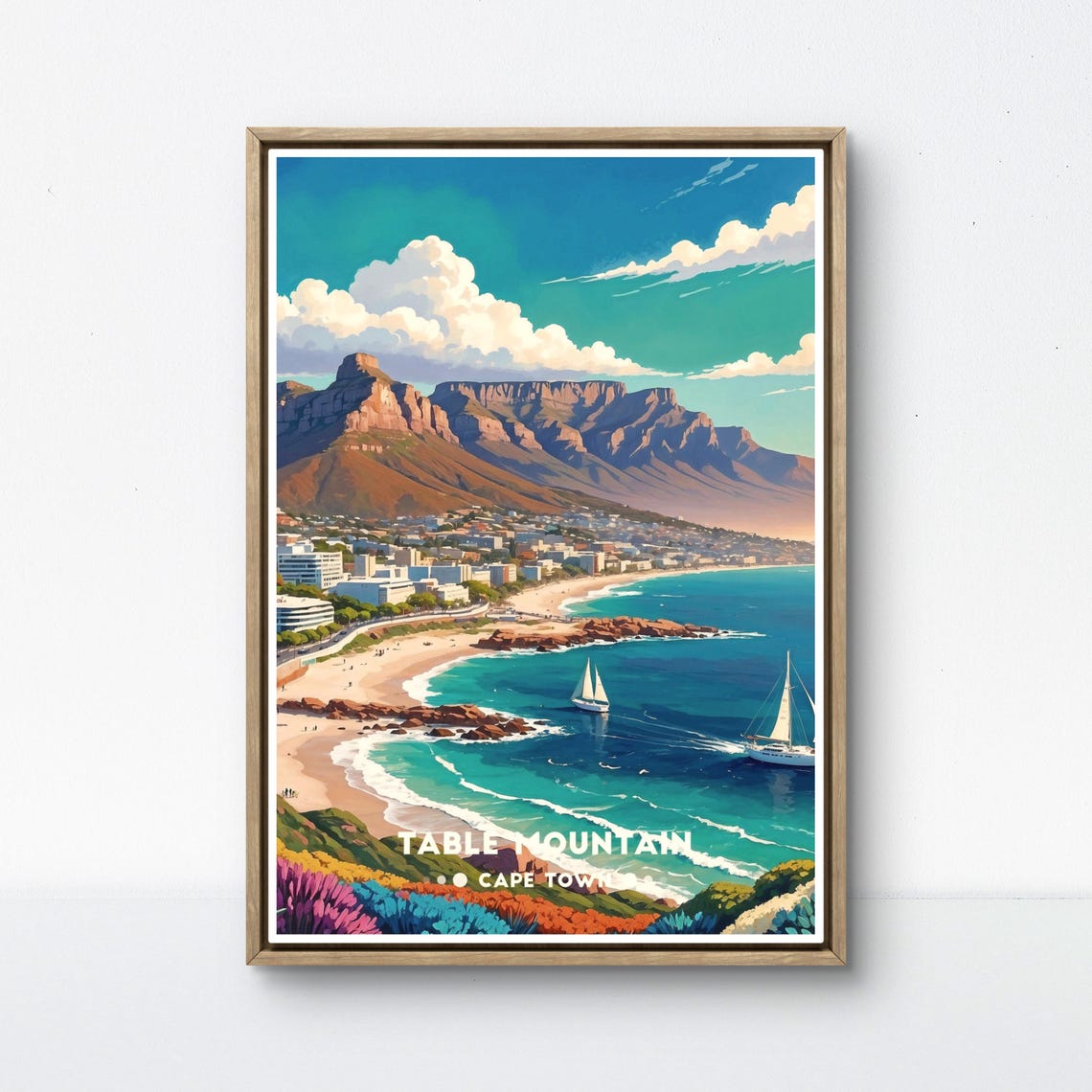 Table Mountain Cape Town Beach Sailboats Coast Travel Poster