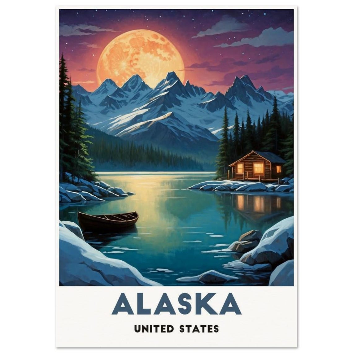 Alaska United States Moonlit Lake Cabin With Snowy Peaks Travel Poster - Image 3