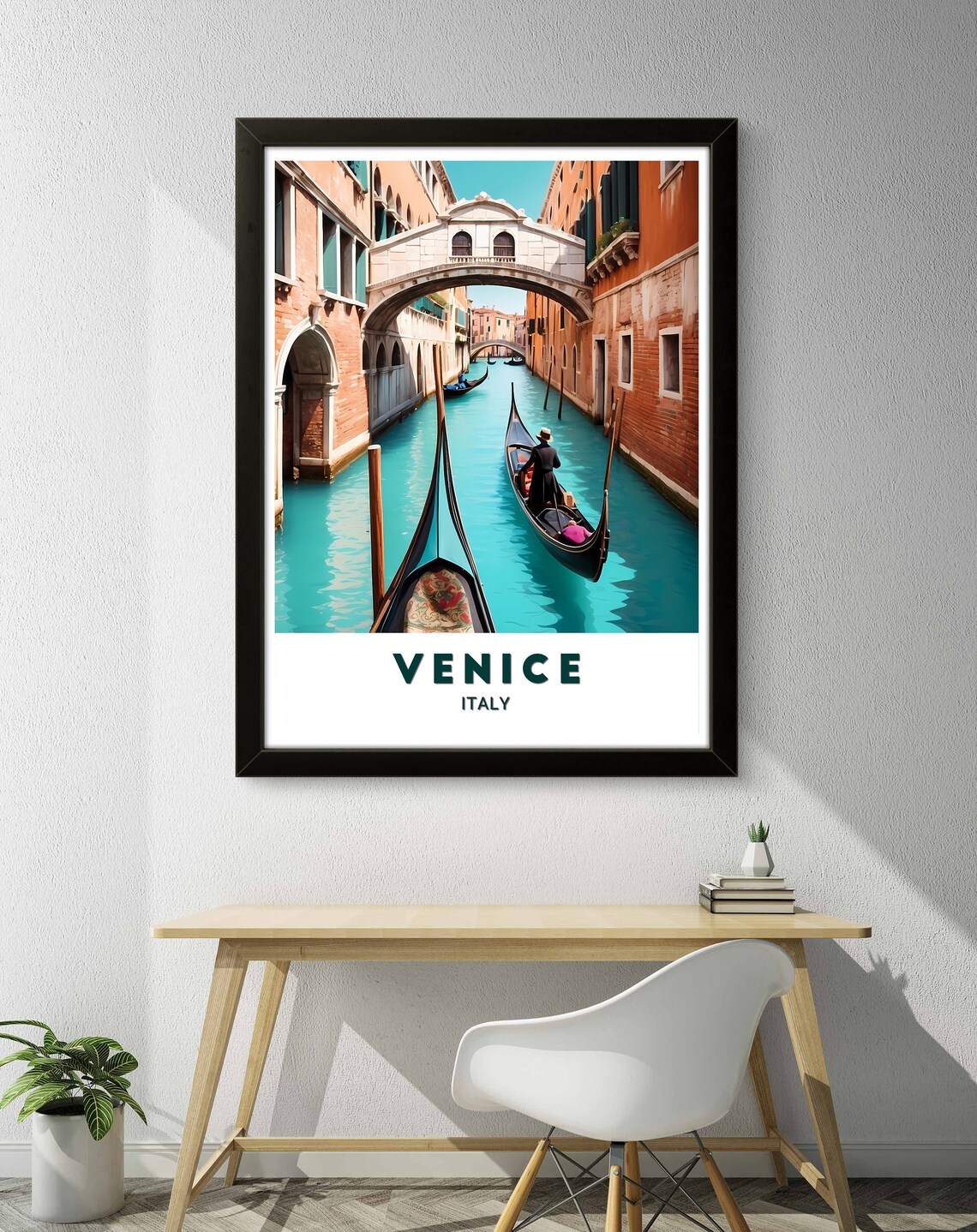 Venice Italy Gondola Ride Through Canal Historic Bridges Travel Poster