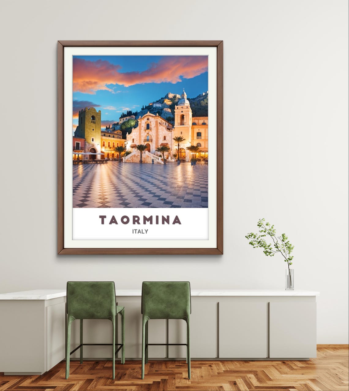 Taormina Italy Sunset Piazza Historic Church Town Art Poster - Image 2