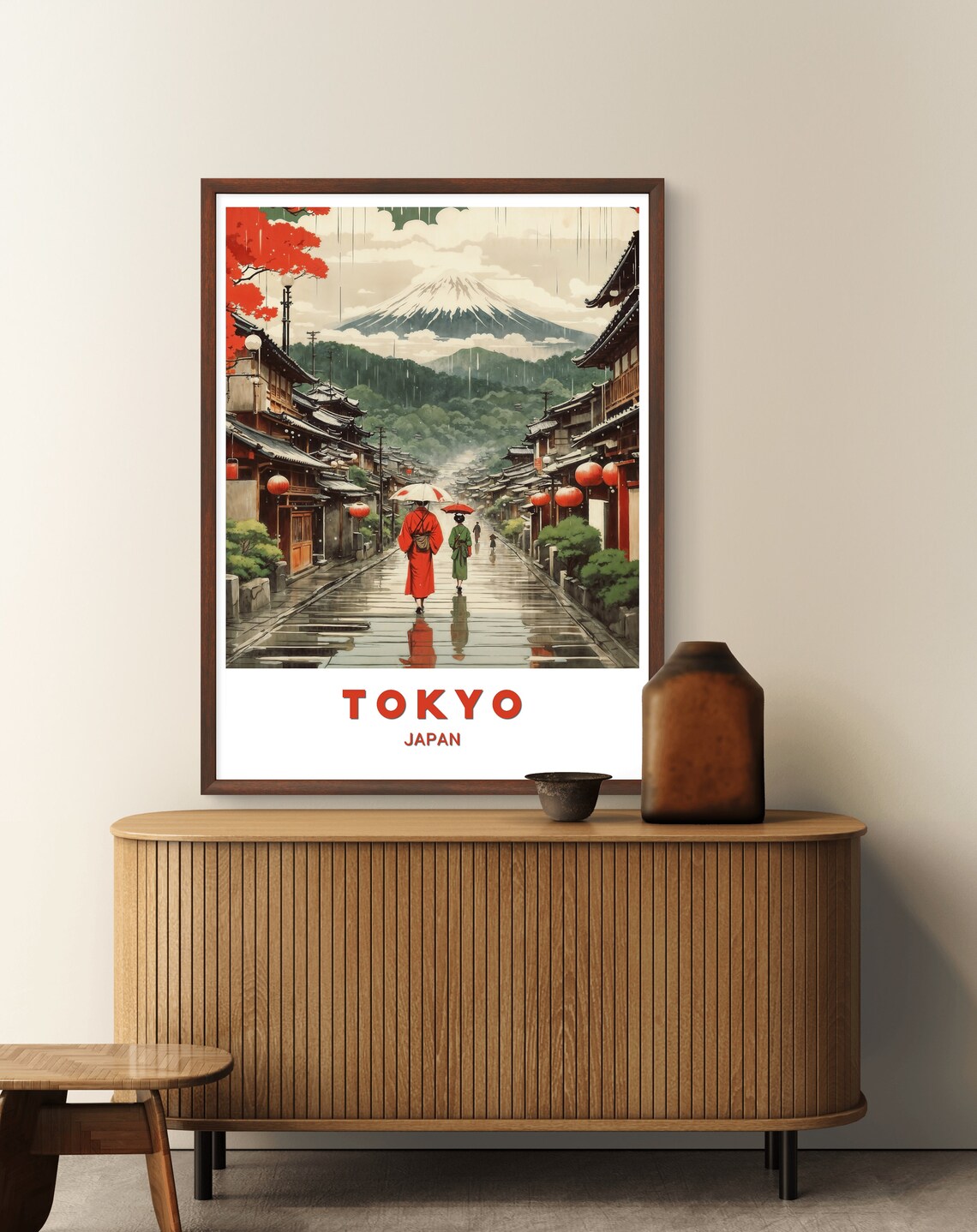 Tokyo Japan Rainy Traditional Street Umbrellas Lanterns Fuji Poster - Image 2