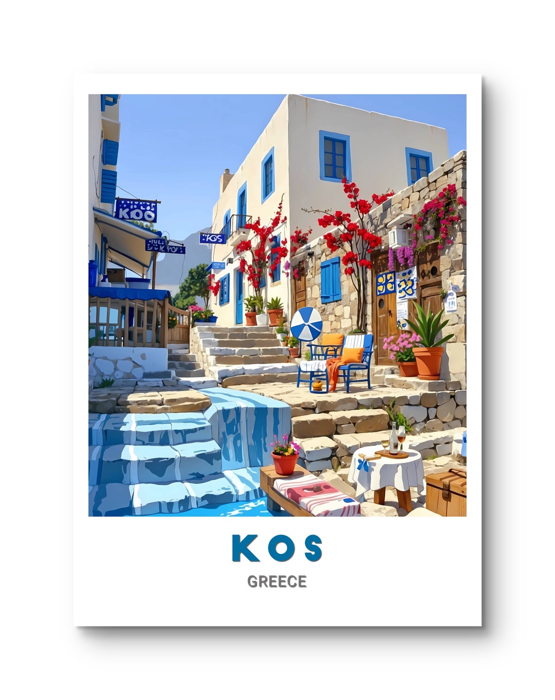 Kos Greece Whitewashed Alley Blue Shutters Sunny Travel Poster