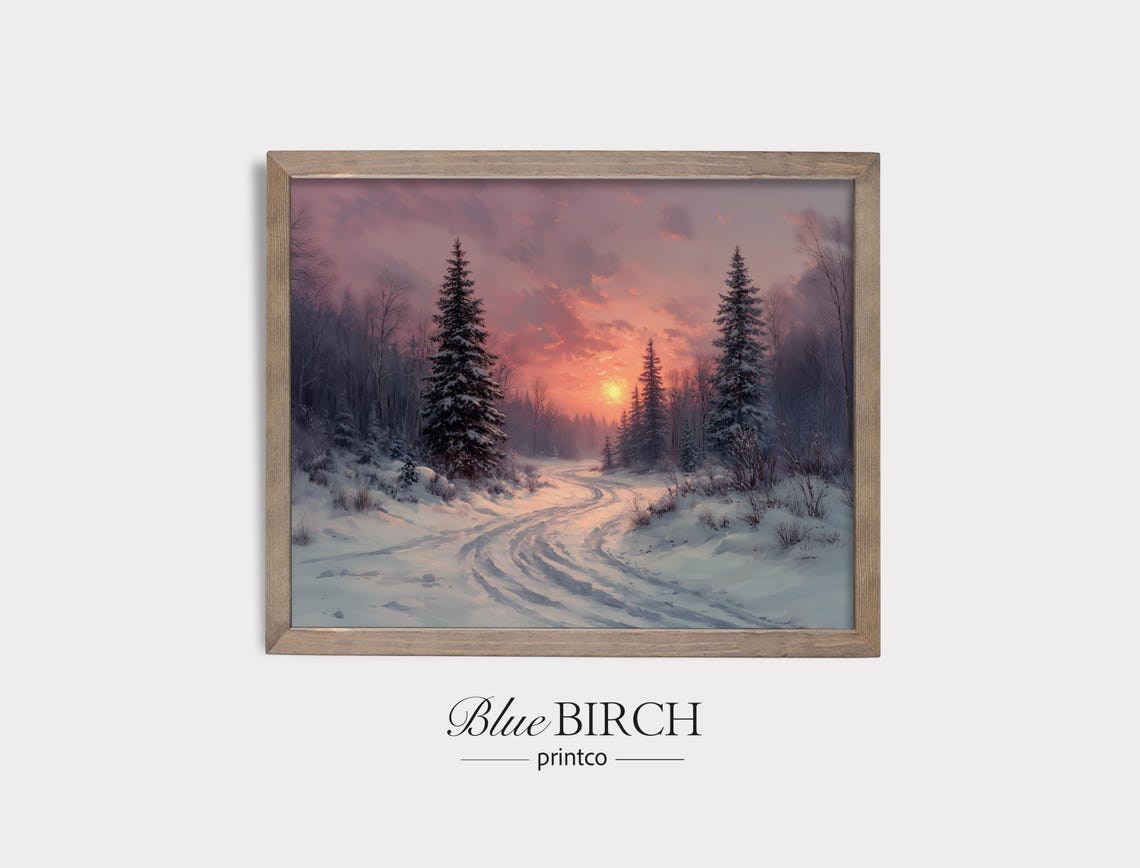 Winter Sunset Snowy Pine Forest Path Vintage Landscape Poster
