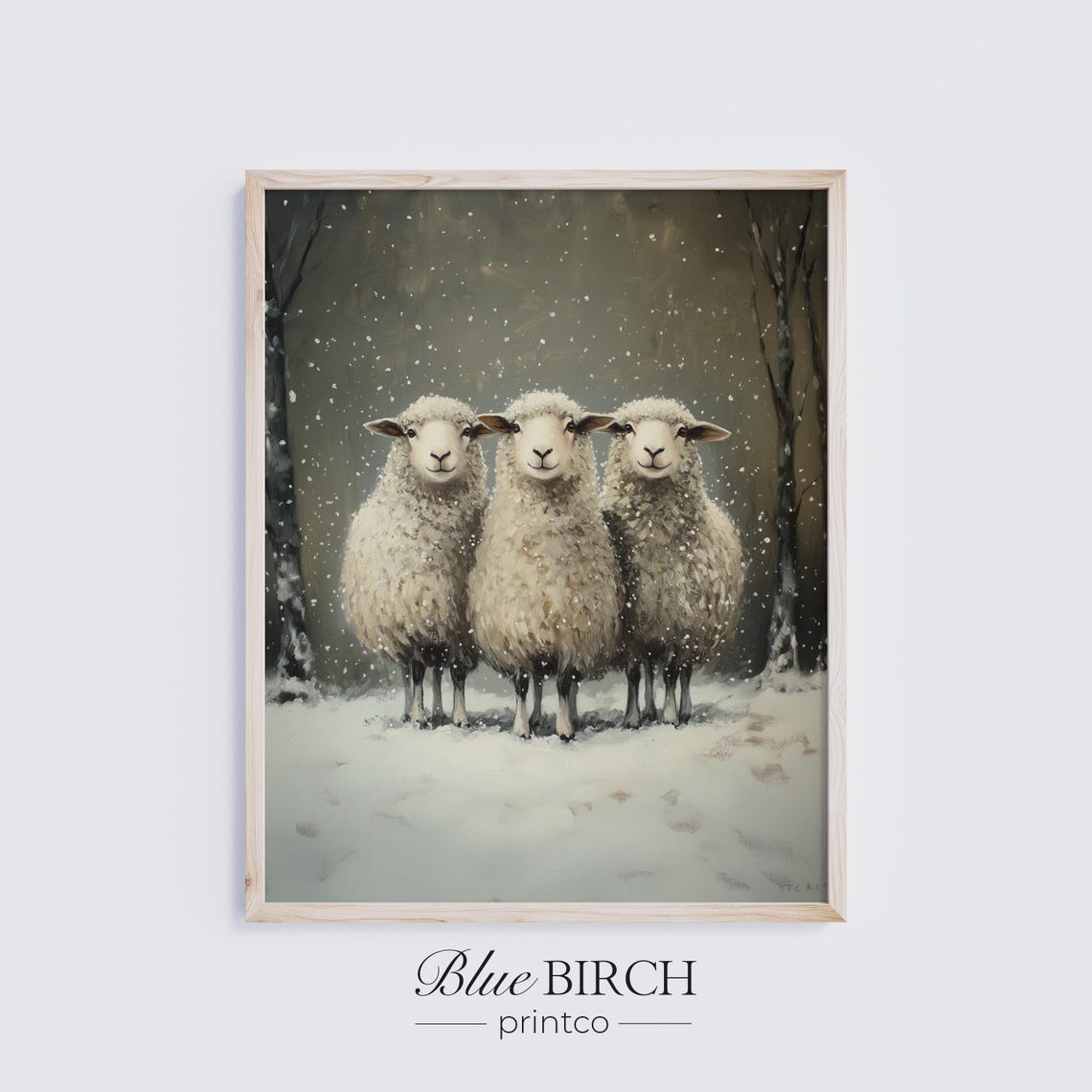 Three Sheep in Snow Cozy Rustic Farmhouse Winter Animal Wall Art