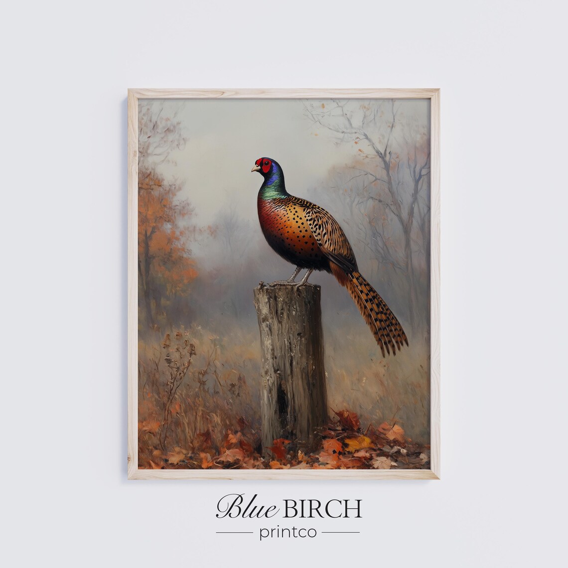 Ring Necked Pheasant On Wooden Stump Autumn Wildlife Vintage Poster