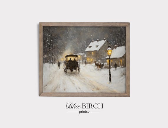Christmas Carriage Wall Art Vintage Winter Snow Scene Nostalgic Holiday Print Cozy Moody Decor Oldworld 415